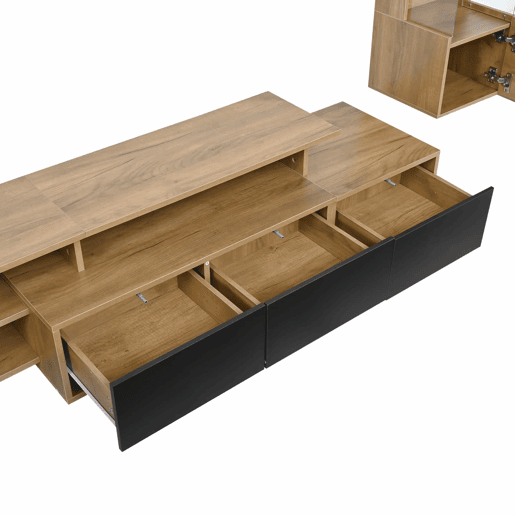 Conjunto de móveis para televisão de 3 peças para sala de estar, até 80 polegadas u2013 com LED, 3 gavetas, vitrina e prateleira suspensa u2013 preto e madeira natural