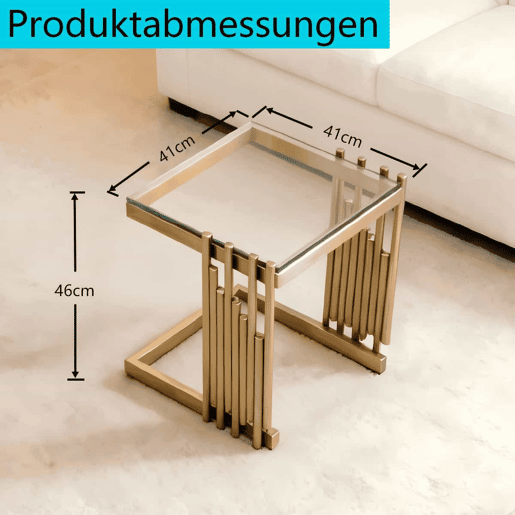 Mesa auxiliar de 41 cm - Quadrada, vidro temperado transparente, estrutura em aço inoxidável dourado - Cor dourada e transparente