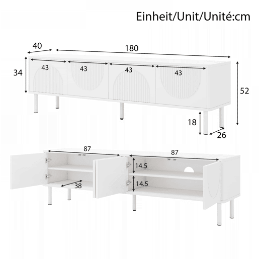 Móvel para TV de 180 cm - moderno, com espaço de arrumação, acabamento mate, gestão de cabos, design minimalista - branco