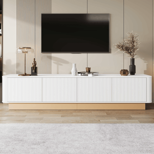 Móvel para TV de 200 cm - Estilo luxuoso com acabamento canelado, 4 portas, grande capacidade de arrumação, prateleiras com altura ajustável, cantos arredondados, design minimalista moderno, MDF - Branco Móvel para TV de 200 cm - Estilo luxuoso com acabamento canelado, 4 portas, grande capacidade de arrumação, prateleiras com altura ajustável, cantos arredondados, design minimalista moderno, MDF - Branco