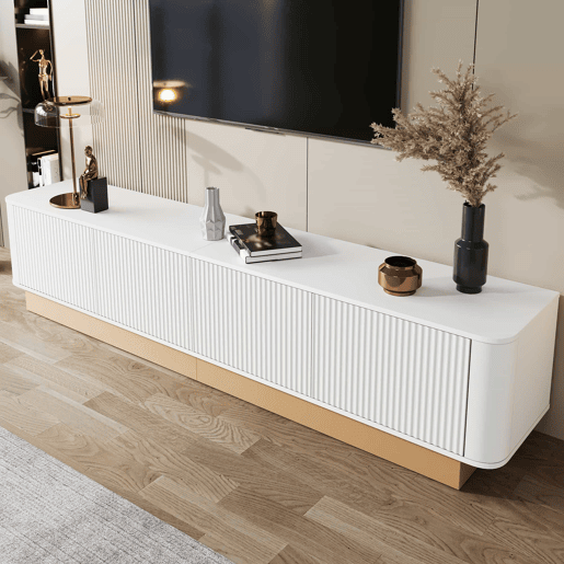 Móvel para TV de 200 cm - Estilo luxuoso com acabamento canelado, 4 portas, grande capacidade de arrumação, prateleiras com altura ajustável, cantos arredondados, design minimalista moderno, MDF - Branco Móvel para TV de 200 cm - Estilo luxuoso com acabamento canelado, 4 portas, grande capacidade de arrumação, prateleiras com altura ajustável, cantos arredondados, design minimalista moderno, MDF - Branco