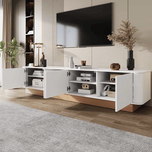 Móvel para TV de 200 cm - Estilo luxuoso com acabamento canelado, 4 portas, grande capacidade de arrumação, prateleiras com altura ajustável, cantos arredondados, design minimalista moderno, MDF - Branco Móvel para TV de 200 cm - Estilo luxuoso com acabamento canelado, 4 portas, grande capacidade de arrumação, prateleiras com altura ajustável, cantos arredondados, design minimalista moderno, MDF - Branco