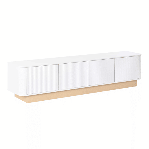 Móvel para TV de 200 cm - Estilo luxuoso com acabamento canelado, 4 portas, grande capacidade de arrumação, prateleiras com altura ajustável, cantos arredondados, design minimalista moderno, MDF - Branco Móvel para TV de 200 cm - Estilo luxuoso com acabamento canelado, 4 portas, grande capacidade de arrumação, prateleiras com altura ajustável, cantos arredondados, design minimalista moderno, MDF - Branco