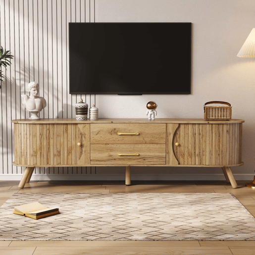 Móvel de TV oval - com portas de correr e gavetas, relevo com linhas verticais, pés em madeira maciça, estilo escandinavo moderno - natural