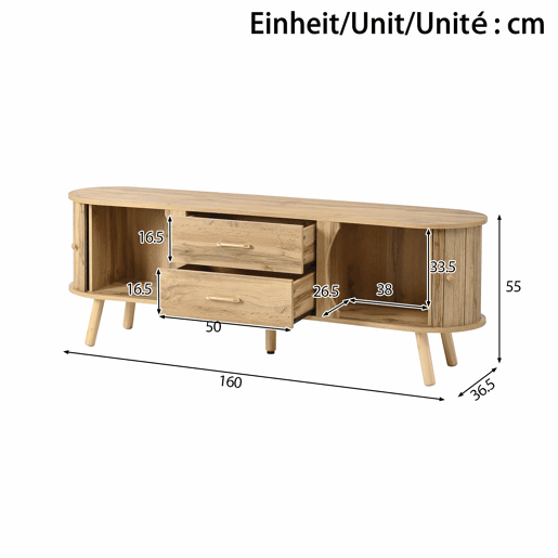 Móvel de TV oval - com portas de correr e gavetas, relevo com linhas verticais, pés em madeira maciça, estilo escandinavo moderno - natural