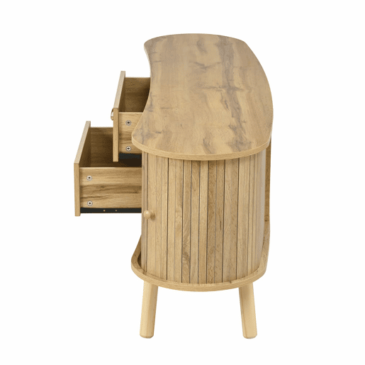 Móvel de TV oval - com portas de correr e gavetas, relevo com linhas verticais, pés em madeira maciça, estilo escandinavo moderno - natural
