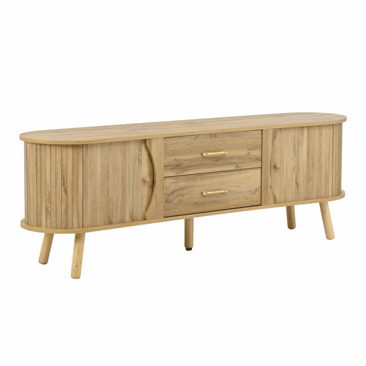 Móvel de TV oval - com portas de correr e gavetas, relevo com linhas verticais, pés em madeira maciça, estilo escandinavo moderno - natural