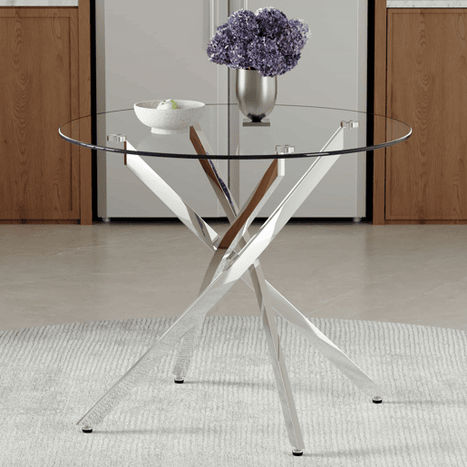 Mesa de jantar redonda de 88 cm - design leve e luxuoso, vidro temperado, estrutura metálica - prateada, transparente