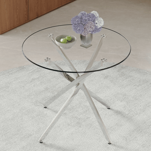 Mesa de jantar redonda de 88 cm - design leve e luxuoso, vidro temperado, estrutura metálica - prateada, transparente