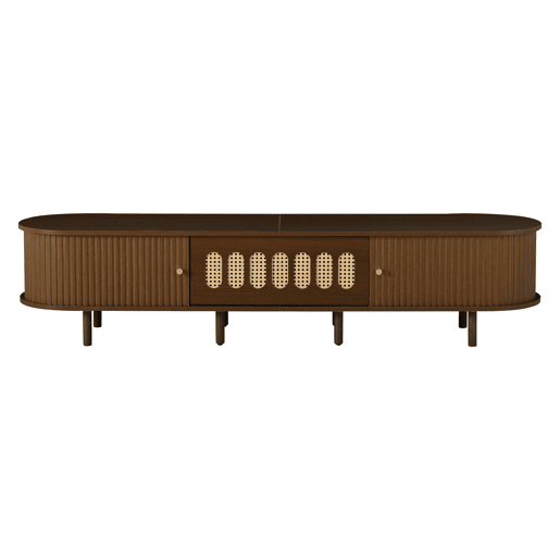 Móvel de TV ovalado 180x40x40 cm - rattan, porta enrolável, MDF - nogueira Móvel de TV ovalado 180x40x40 cm - rattan, porta enrolável, MDF - nogueira