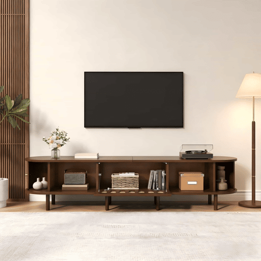 Móvel de TV ovalado 180x40x40 cm - rattan, porta enrolável, MDF - nogueira Móvel de TV ovalado 180x40x40 cm - rattan, porta enrolável, MDF - nogueira