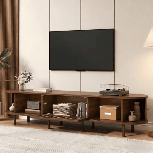 Móvel de TV ovalado 180x40x40 cm - rattan, porta enrolável, MDF - nogueira Móvel de TV ovalado 180x40x40 cm - rattan, porta enrolável, MDF - nogueira