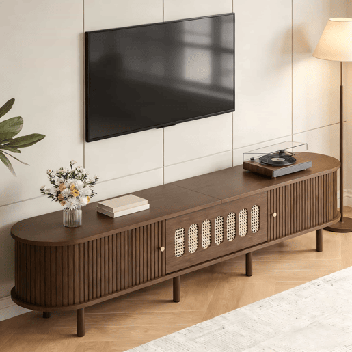 Móvel de TV ovalado 180x40x40 cm - rattan, porta enrolável, MDF - nogueira Móvel de TV ovalado 180x40x40 cm - rattan, porta enrolável, MDF - nogueira