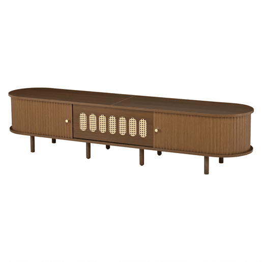 Móvel de TV ovalado 180x40x40 cm - rattan, porta enrolável, MDF - nogueira Móvel de TV ovalado 180x40x40 cm - rattan, porta enrolável, MDF - nogueira