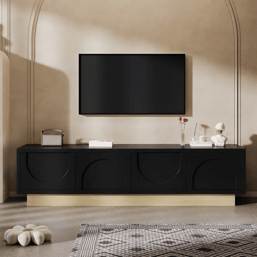 Móvel para TV de 175 cm - design moderno e minimalista com linhas curvas e veios de madeira, amplo espaço de arrumação e organização de cabos - preto