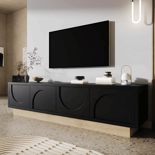 Móvel para TV de 175 cm - design moderno e minimalista com linhas curvas e veios de madeira, amplo espaço de arrumação e organização de cabos - preto