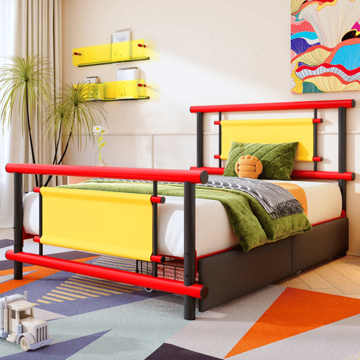 Cama infantil metálica 90x200 - com gavetas, estrutura em aço resistente, design compacto e cores vivas - vermelho