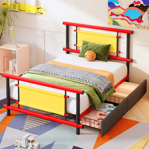 Cama infantil metálica 90x200 - com gavetas, estrutura em aço resistente, design compacto e cores vivas - vermelho