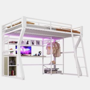 Cama alta 140x200 cm - estrutura metálica com faixa de luz LED, tomada integrada, cabide, secretária, prateleiras e espaço de arrumação na parte inferior - branco
