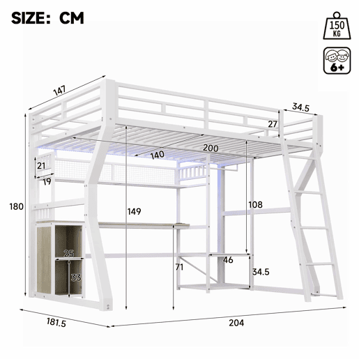 Cama alta 140x200 cm - estrutura metálica com faixa de luz LED, tomada integrada, cabide, secretária, prateleiras e espaço de arrumação na parte inferior - branco