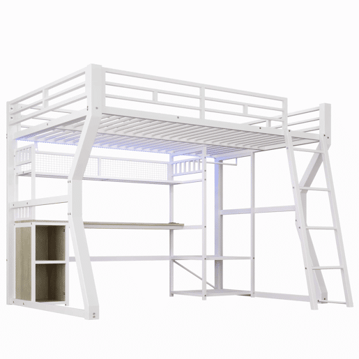 Cama alta 140x200 cm - estrutura metálica com faixa de luz LED, tomada integrada, cabide, secretária, prateleiras e espaço de arrumação na parte inferior - branco