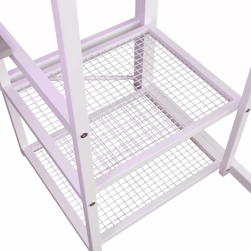 Cama alta 140x200 cm - estrutura metálica com faixa de luz LED, tomada integrada, cabide, secretária, prateleiras e espaço de arrumação na parte inferior - branco