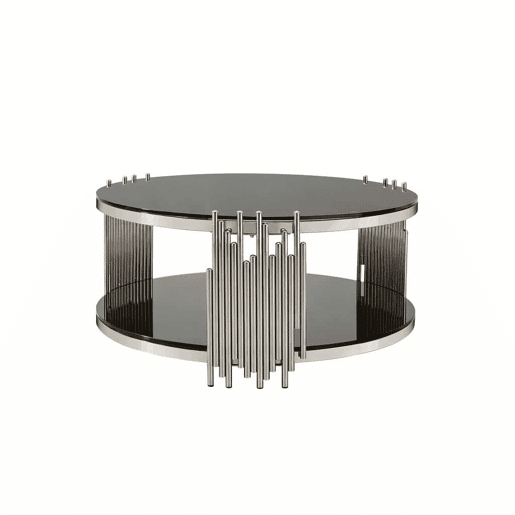 Mesa de café moderna de 80 cm - Mesa de vidro com tampo duplo, base em aço prateado, mesa redonda para sala de estarescritório - Preto e prateado