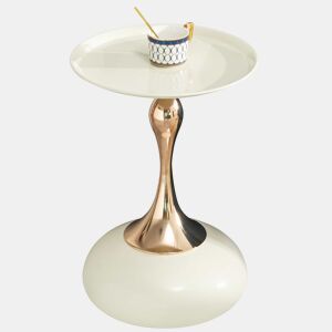 Mesa auxiliar moderna de 38 cm - Mesa redonda com base metálica, mesa de apoio para o quarto, mesa de chá para o varanda - Branco e Dourado