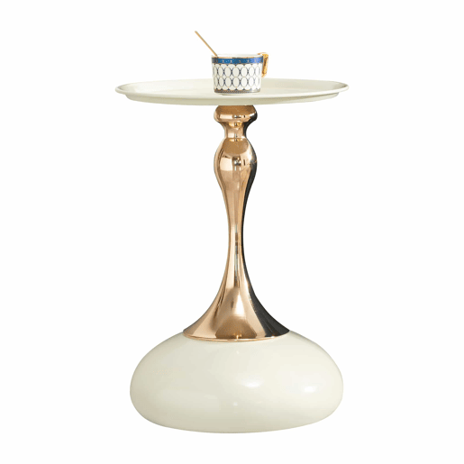 Mesa auxiliar moderna de 38 cm - Mesa redonda com base metálica, mesa de apoio para o quarto, mesa de chá para o varanda - Branco e Dourado