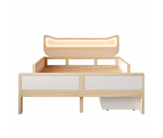 Cama infantil 140x200 cm - cabecero con orejas de gato, iluminación led rgb, somier, cajón y almacenamiento montables izquierda/derecha, barandillas