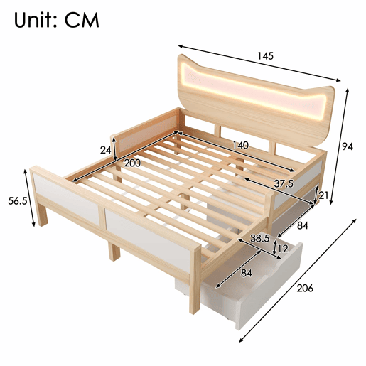Cama infantil 140x200 cm - cabeceira com orelhas de gato, iluminação LED RGB, base de colchão, gaveta e espaço de arrumação montáveis à esquerdadireita, grades de segurança - branco e carvalho