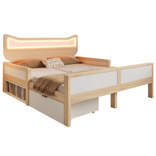 Cama infantil 140x200 cm - cabeceira com orelhas de gato, iluminação LED RGB, base de colchão, gaveta e espaço de arrumação montáveis à esquerdadireita, grades de segurança - branco e carvalho
