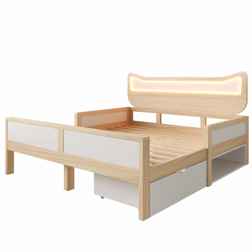 Cama infantil 140x200 cm - cabeceira com orelhas de gato, iluminação LED RGB, base de colchão, gaveta e espaço de arrumação montáveis à esquerdadireita, grades de segurança - branco e carvalho
