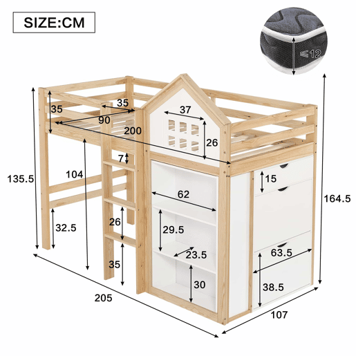 Cama alta infantil 90x200 - com compartimentos de arrumação e gavetas, degraus resistentes, grade de segurança - Branco+Natural