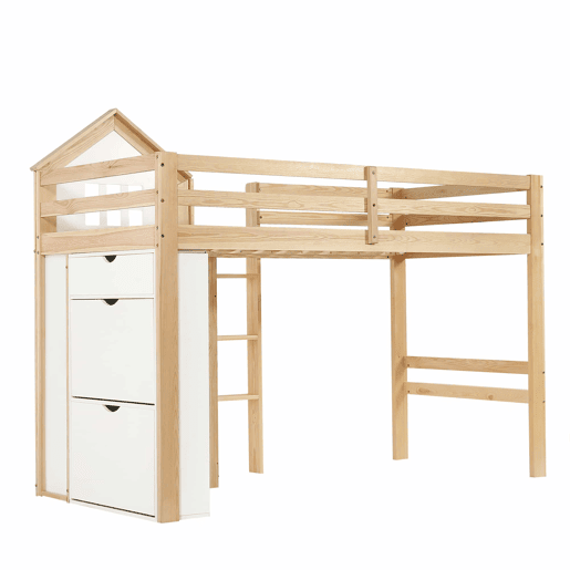 Cama alta infantil 90x200 - com compartimentos de arrumação e gavetas, degraus resistentes, grade de segurança - Branco+Natural