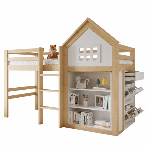 Cama alta infantil 90x200 - com compartimentos de arrumação e gavetas, degraus resistentes, grade de segurança - Branco+Natural
