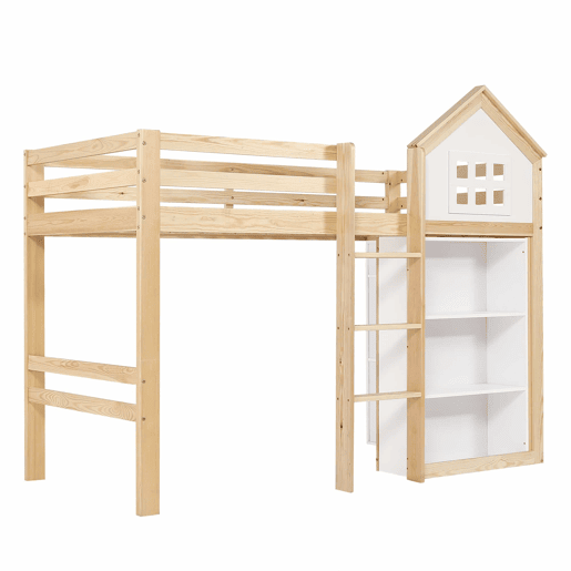 Cama alta infantil 90x200 - com compartimentos de arrumação e gavetas, degraus resistentes, grade de segurança - Branco+Natural