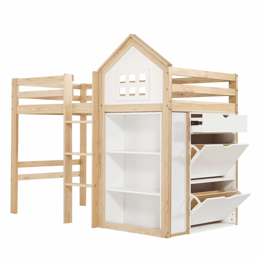 Cama alta infantil 90x200 - com compartimentos de arrumação e gavetas, degraus resistentes, grade de segurança - Branco+Natural