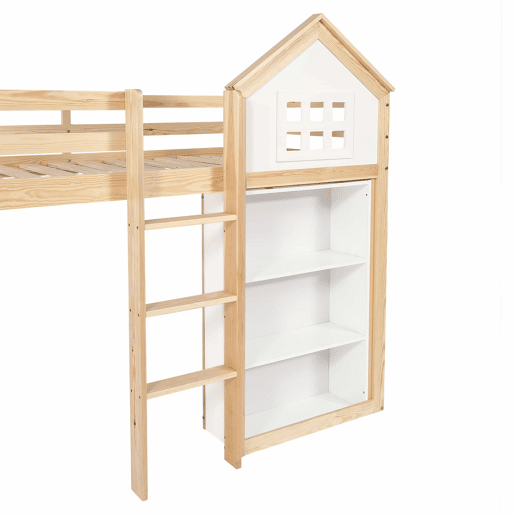 Cama alta infantil 90x200 - com compartimentos de arrumação e gavetas, degraus resistentes, grade de segurança - Branco+Natural