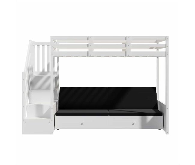 Litera infantil multifuncional 90x200 - con escalera con armario, 2 cajones, cama inferior convertible en sofá, con cojines, sin colchón - blanco