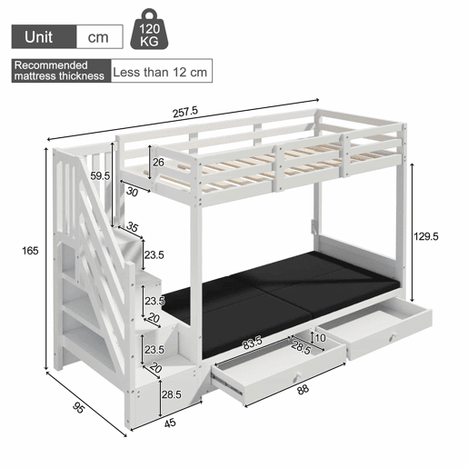 Beliche infantil multifuncional 90x200 - com escada e armário, 2 gavetas, cama inferior convertível em sofá, com almofadas, sem colchão - branco