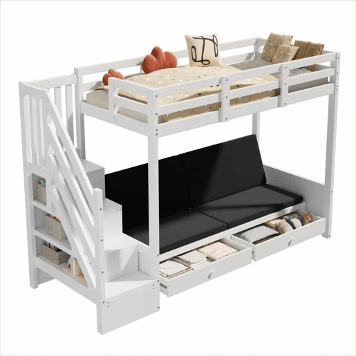 Beliche infantil multifuncional 90x200 - com escada e armário, 2 gavetas, cama inferior convertível em sofá, com almofadas, sem colchão - branco