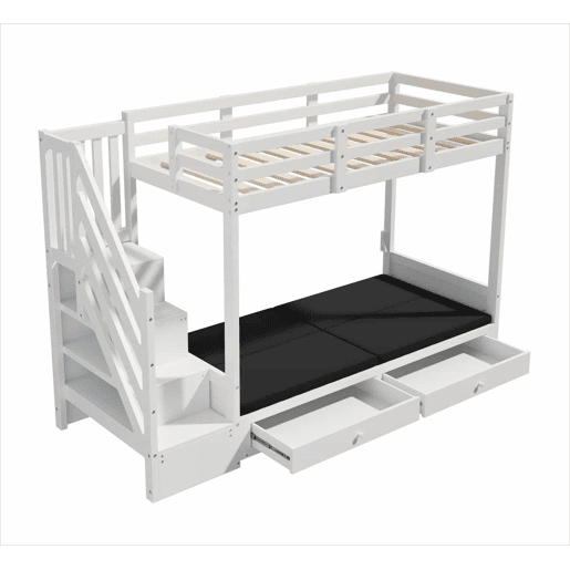 Beliche infantil multifuncional 90x200 - com escada e armário, 2 gavetas, cama inferior convertível em sofá, com almofadas, sem colchão - branco