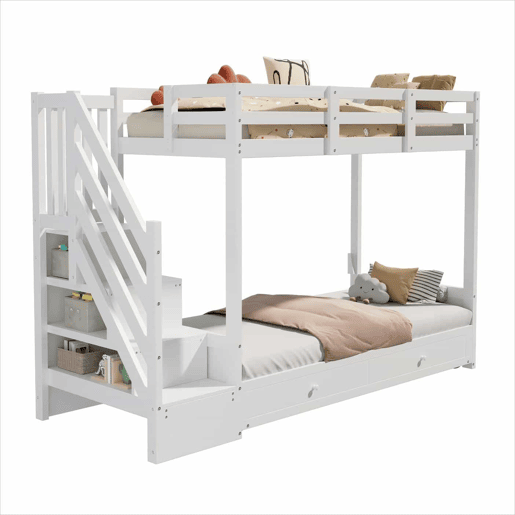 Beliche infantil multifuncional 90x200 - com escada e armário, 2 gavetas, cama inferior convertível em sofá, com almofadas, sem colchão - branco