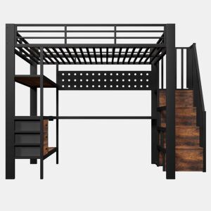 Cama alta 140x200 cm - em metal com prateleira, gaveta, painel perfurado, secretária, tomada e luz LED, sem colchão - preta