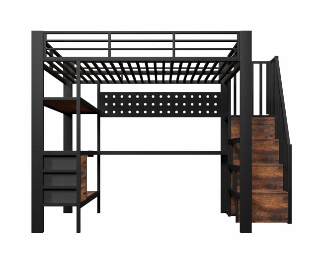 Cama alta 140x200 cm - metálica con estante, cajón, panel perforado, escritorio, enchufe y luz led, sin colchón - negra