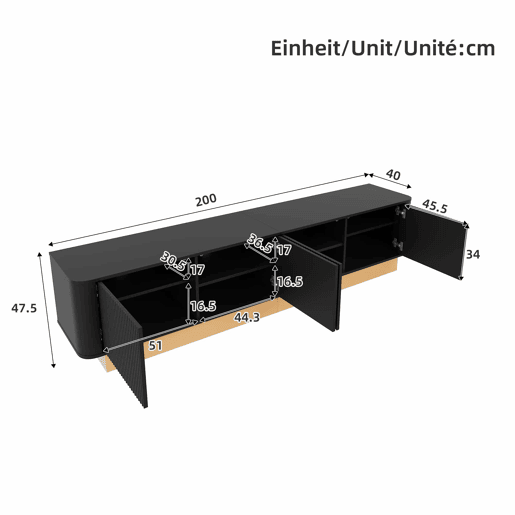 Móvel para TV de 200 cm - design canelado, 4 portas, grande capacidade de arrumação, prateleiras com altura ajustável, cantos arredondados, estilo minimalista moderno, MDF - preto