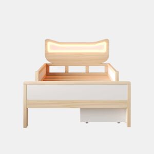Cama infantil 90x190 cm - cabeceira com orelhas de gato, LED RGB, gaveta e espaço de arrumação reversível, com grades de segurança - branco e carvalho