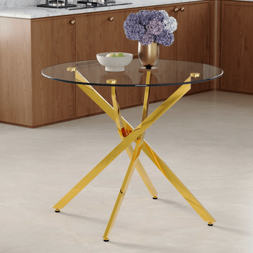 Mesa de jantar redonda de 88 cm - design moderno e minimalista em vidro temperado com estrutura metálica dourada, ideal para espaços pequenos (2 a 4 pessoas) - dourado transparente