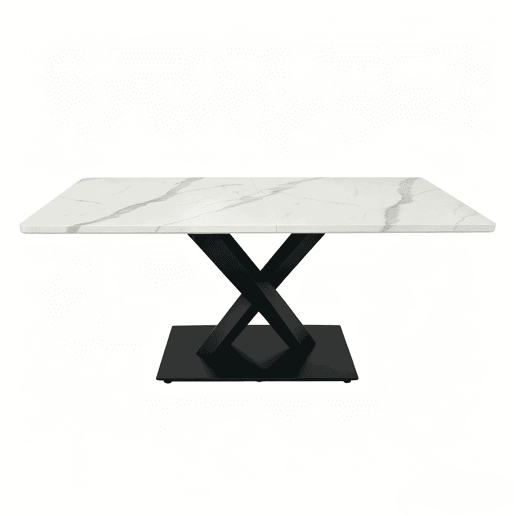 Mesa de jantar retangular moderna para 6 a 8 pessoas - Mesa de cozinha grande com tampo em MDF e base metálica preta - Mesa de madeira com padrão de mármore branco - Suporte em forma de X - Preto e branco